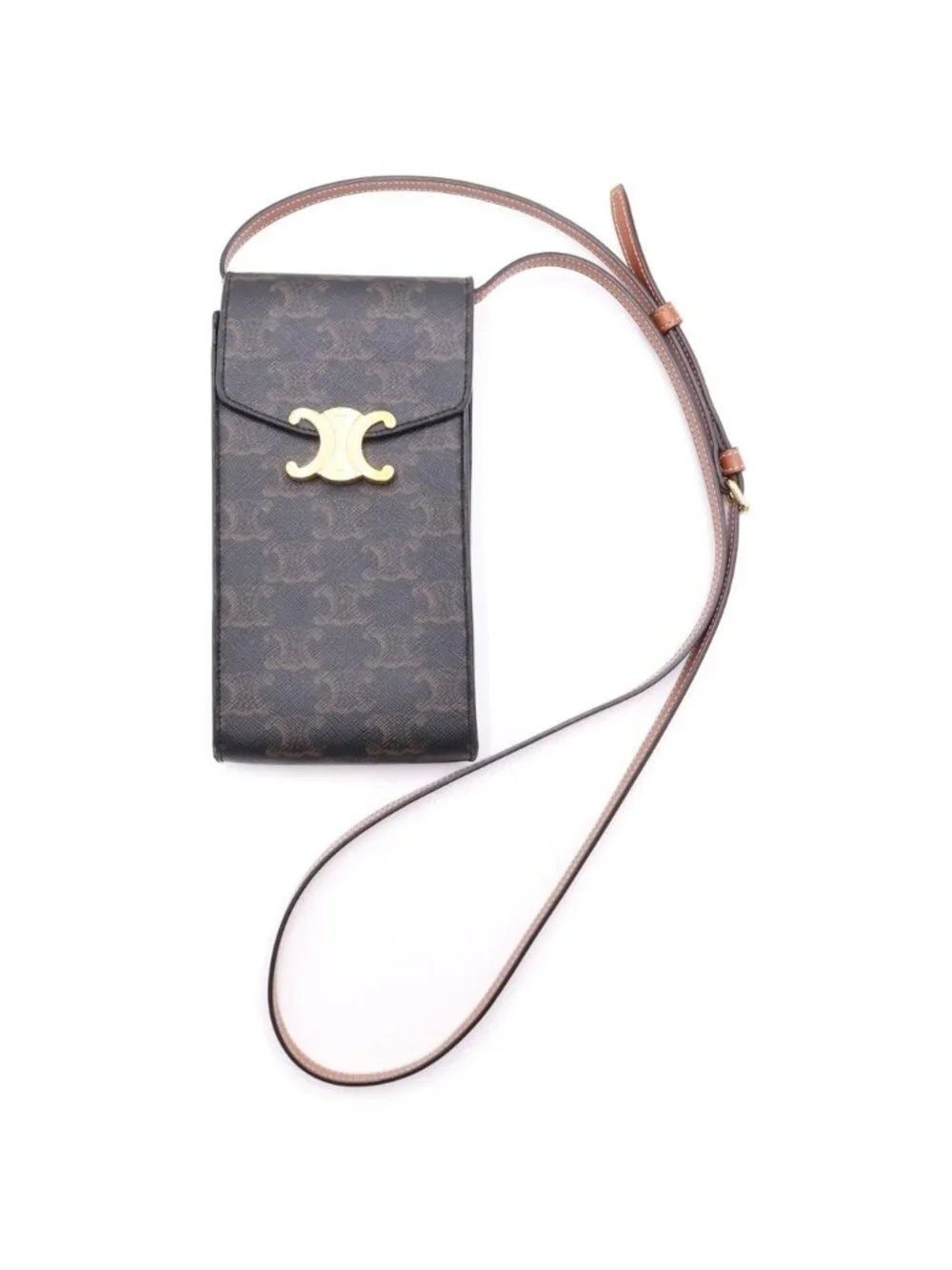 Celine Triomphe Leather Gold Phone Pouch Mobile Shoulder Bag Brown